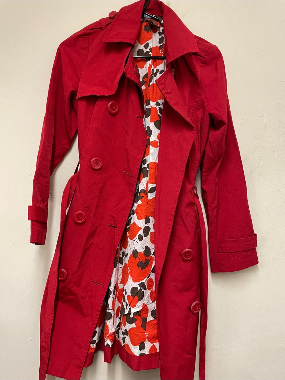 Women's Red Trench Coat with Floral Lining